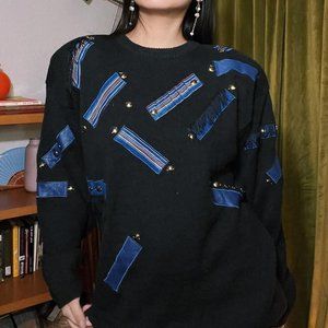Vintage 90s women black chunky sweater with blue fabric collage size large